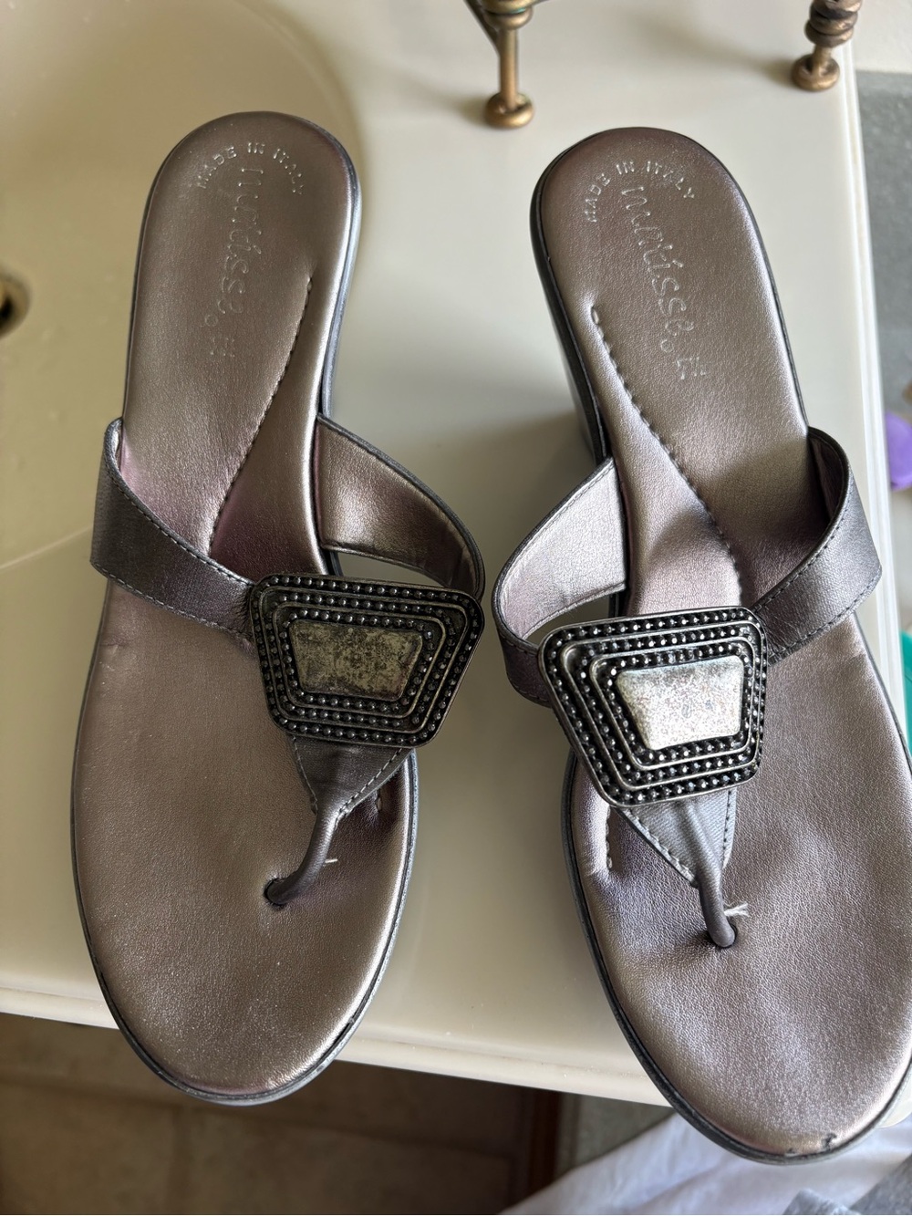 Matisse Metallic Pewter Thong Sandals with Beaded Geometric Accent